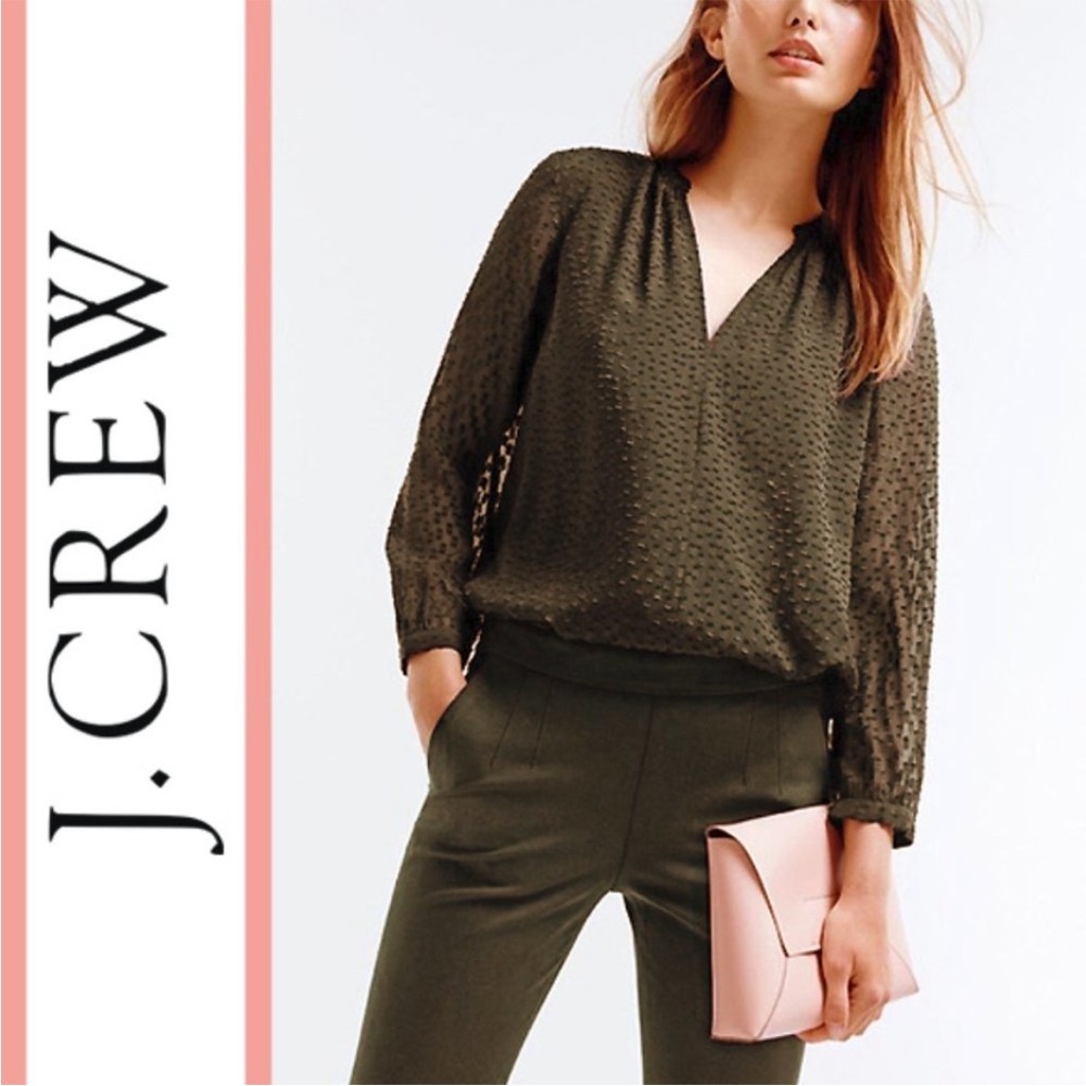 J.Crew ‘Clip Dot’ Olive Silk Popover Blouse